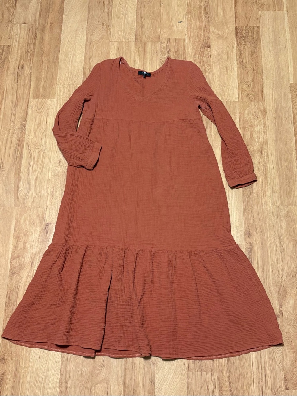7 For All Mankind Cecelia V Neck Tiered Midi Dress Rust/Burnt Orange Medium - Picture 8 of 8
